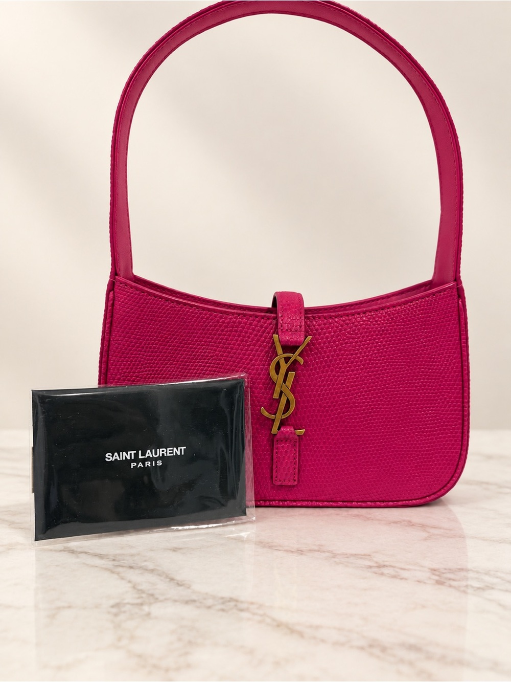 Saint Laurent YSL Le 5 à 7 Mini Hobo Bag Pink Lizard Embossed Fuscia $3400
